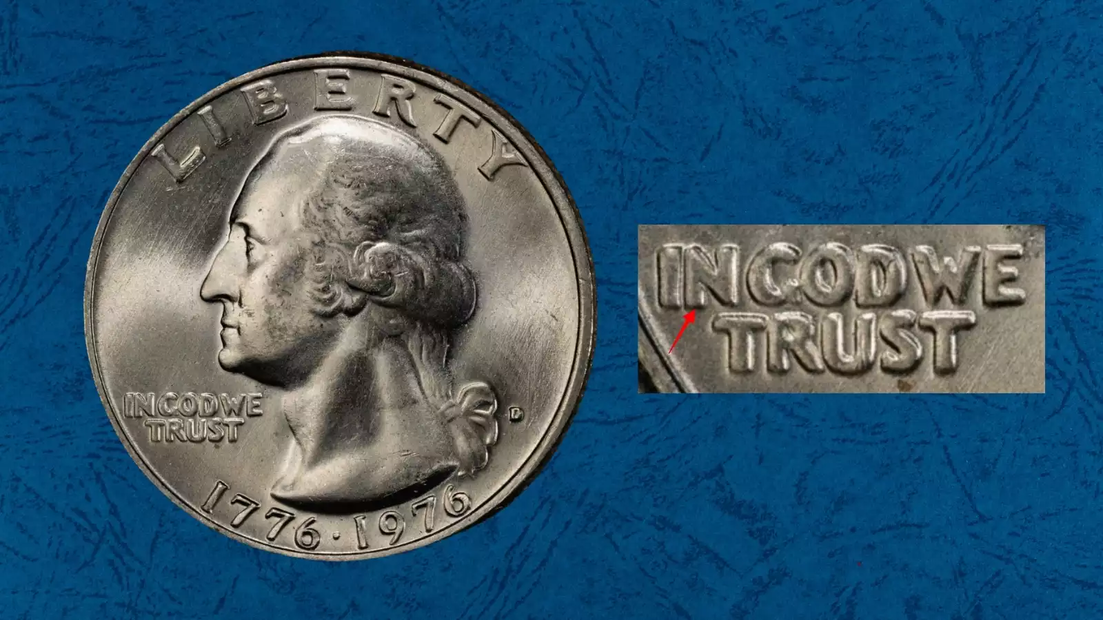 1976-D Bicentennial Quarter DDO FS-101 error close-up showing doubled R in LIBERTY and secondary impression on obverse lettering