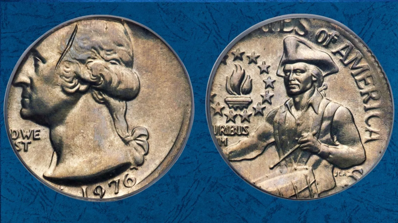 1976 Bicentennial Quarter struck on dime planchet error coin shown next to standard quarter size for comparison