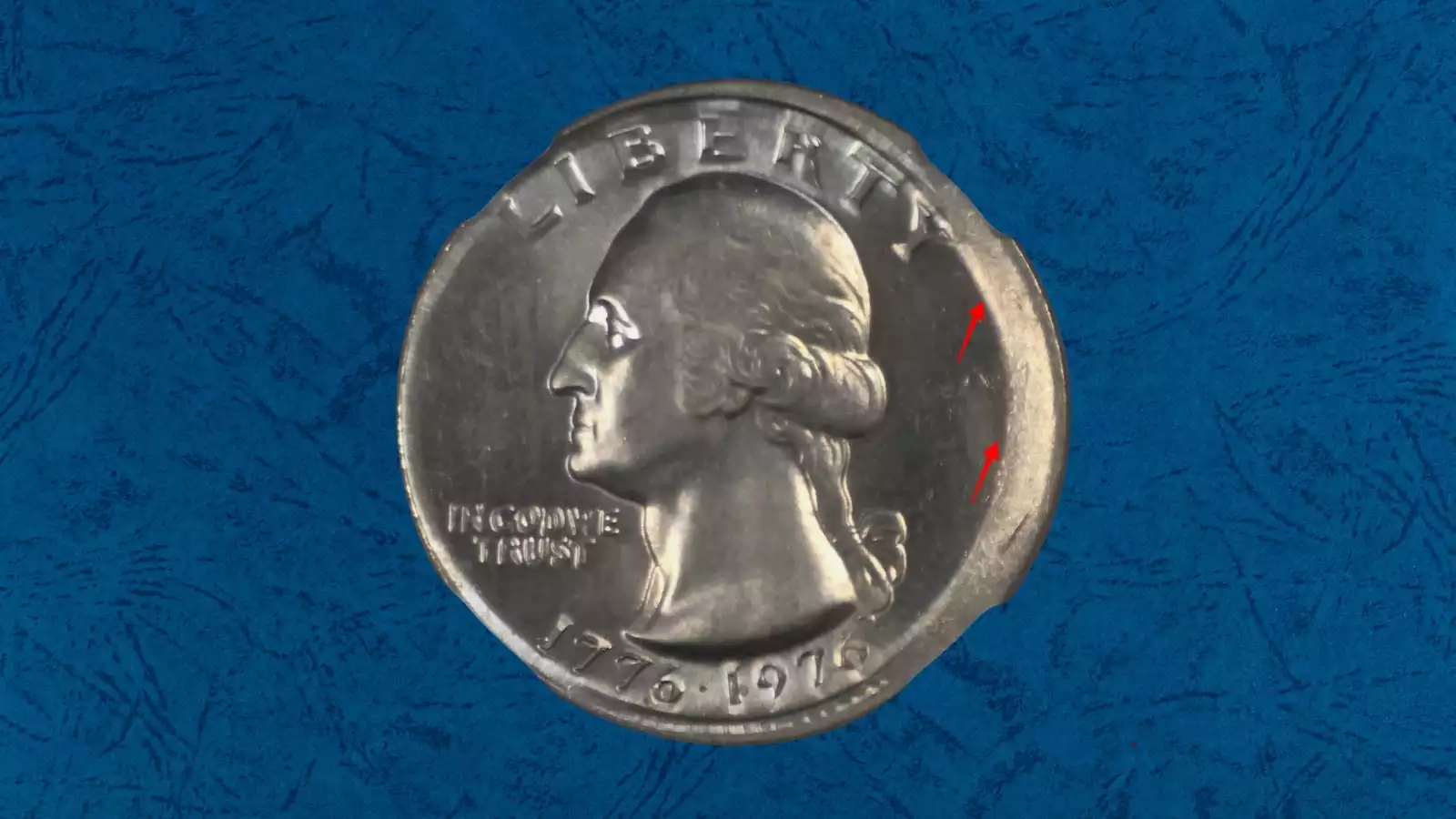 1976 Bicentennial Quarter off-center strike error showing partial drummer boy design with blank planchet arc and dual date still visible