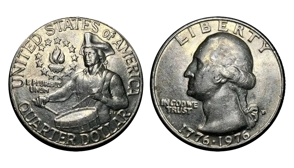 Group of 1976 Bicentennial quarters showing Philadelphia, Denver, San Francisco clad proof, and 40% silver varieties with drummer boy reverses visible