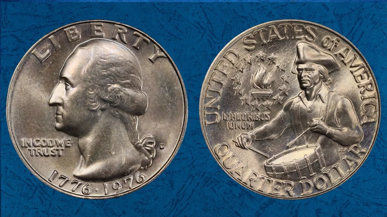 1976 Bicentennial quarter grading strip showing four condition tiers from heavily circulated to gem uncirculated with fully struck drummer boy
